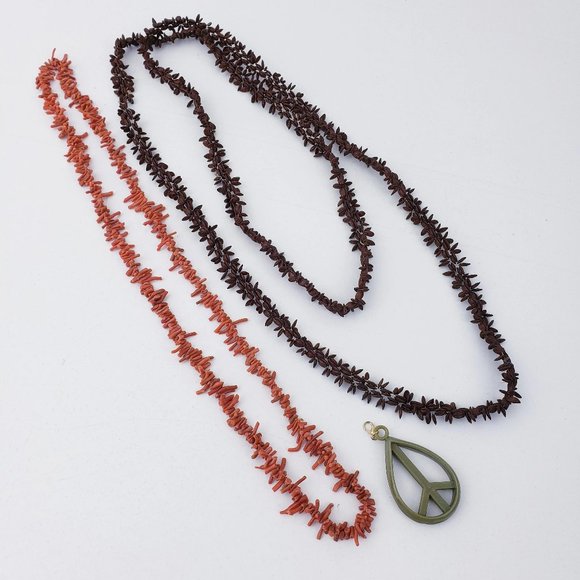 Vintage Jewelry - Vintage Necklace Lot Red Branch Coral & Appleseed Necklace, Peace Sign Charm